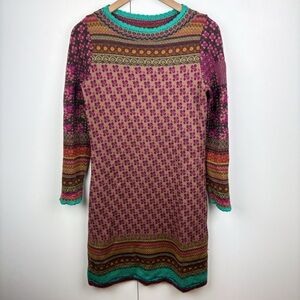 IVKO 100% Merino Boiled Wool Patterned Sweater Mini Dress Lace Trim Medium